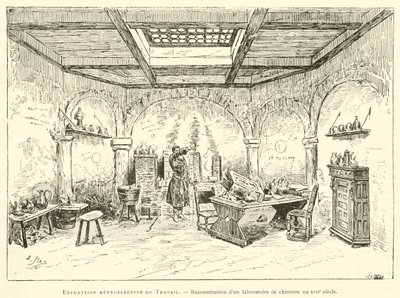 Exposición retrospectiva del Trabajo, reconstrucción de un laboratorio de químico en el siglo XVII (grabado) de French School