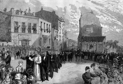 Expulsión de los capuchinos de Marsella tras los decretos de marzo de 1880 tomados por Jules Ferry y que eliminaban el derecho a enseñar a los miembros de congregaciones religiosas no autorizadas: ovación de la multitud a los capuchinos expulsados de su co de French School