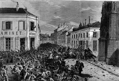 Expulsión de los maristas de Tourcoing tras los decretos de marzo de 1880 tomados por Jules Ferry y eliminando el derecho a enseñar a miembros de congregaciones religiosas no autorizadas: la policía dispersó a los jinetes, hostiles a la expulsión de los ma de French School