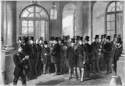 Extensión del mandato presidencial del mariscal de Mac-Mahon, establecimiento del septenato en Francia, noviembre de 1873: vista de la puerta de entrada de la Asamblea de Versalles, el día de la discusión de la prórroga. de French School