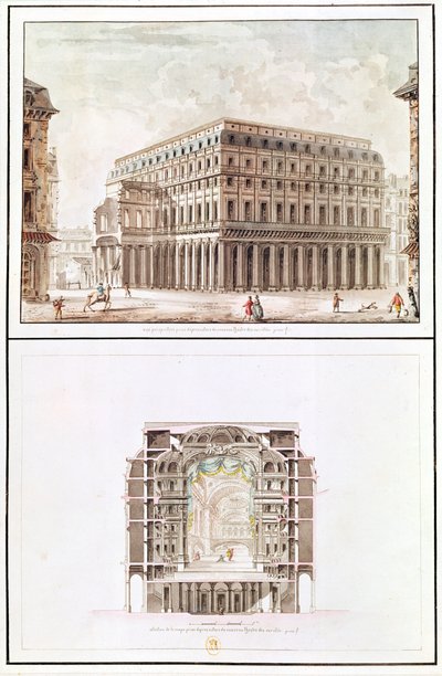Exterior y sección transversal del interior del Teatro des Variétés, 6 rue de Richelieu de French School
