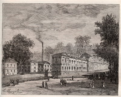 Vista exterior de la Fábrica Imperial de Porcelana de Sèvres, construida en el parque de Saint Cloud según los planos del arquitecto Laudin - grabado en 