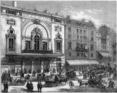 Vista exterior del teatro Porte Saint Martin en París, reconstruido en 1873. Grabado en 