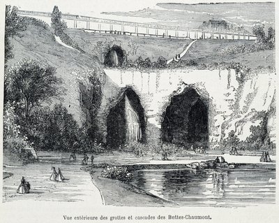 Vista exterior de las cascadas y cuevas de Buttes Chaumont, grabado del siglo XIX de French School