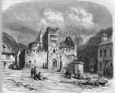 Vista exterior de la iglesia de Saint Andre (iglesia de los Templarios), fortificada en el siglo XIV. Luz-Saint-Sauveur, Altos Pirineos (65) de French School