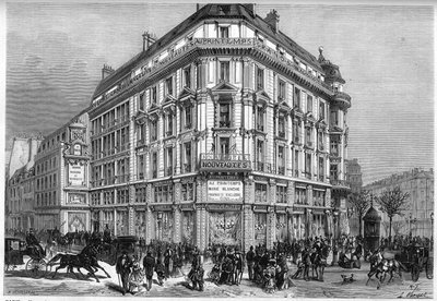 Vista exterior de las nuevas tiendas Printemps en París, el día de la inauguración de los “Ascensores de Viena” en 1874. Grabado en “Le Monde Illustré” n°885 del 28 de marzo de 1874 de French School