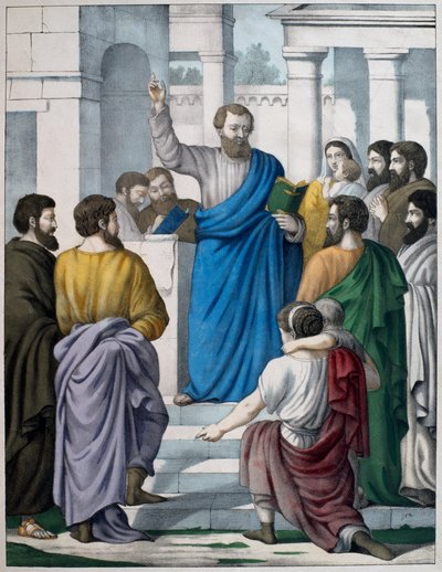 Esdras leyendo el libro de la ley de Moisés, ilustración de un catecismo L