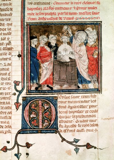 San Remigio (c.438-533) Obispo de Reims, bautizando y ungiendo a Clodoveo I (465-511) Rey de los Francos, de las Grandes Crónicas de Francia, 1375-79 de French School
