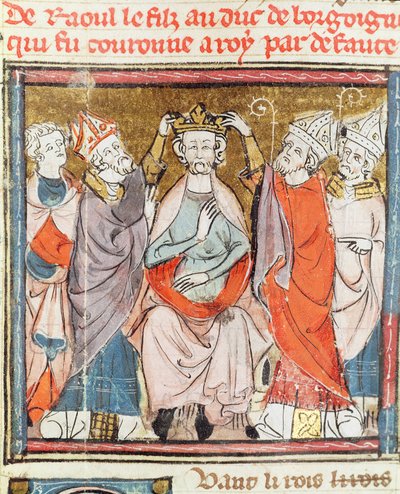F.188r Raoul, hijo del Duque de Borgoña, es coronado Rey de Francia, de las Grandes Crónicas de Francia, 1375-79 de French School