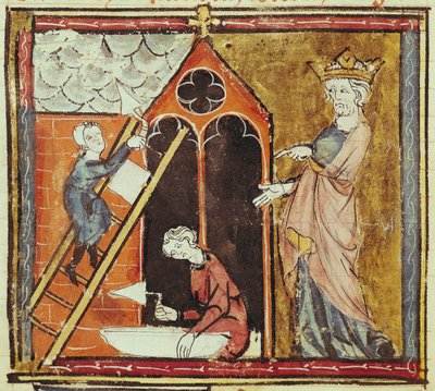 F.235v El rey Luis VI (1080-1137) observando la construcción de una iglesia, de las Grandes Crónicas de Francia 1375-79 de French School