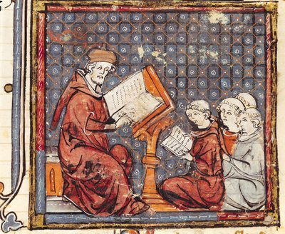F.277r Un filósofo enseñando en París, de las Grandes Crónicas de Francia, 1375-79 de French School