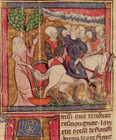F.288r Fernando de Portugal (1186-1233) Conde de Flandes llevado prisionero a París después de la Batalla de Bouvines, 27 de julio de 1214, Grandes Crónicas de Francia, 1375-79 de French School