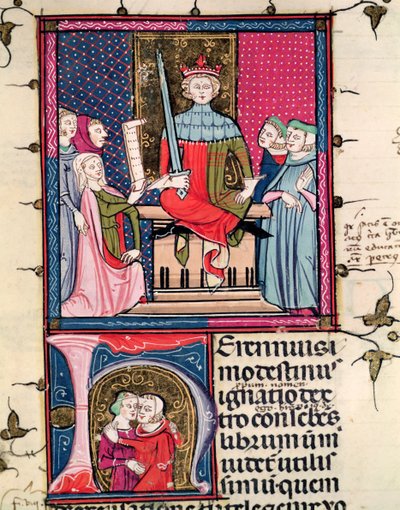 F.39r Ley Conyugal, una esposa adúltera apareciendo en la corte, de Justiniani in Fortiatum de French School