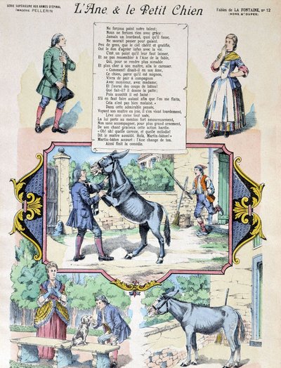 Fábula de La Fontaine “El burro y el perrito”. Imagen de Epinal-Pellerin de French School