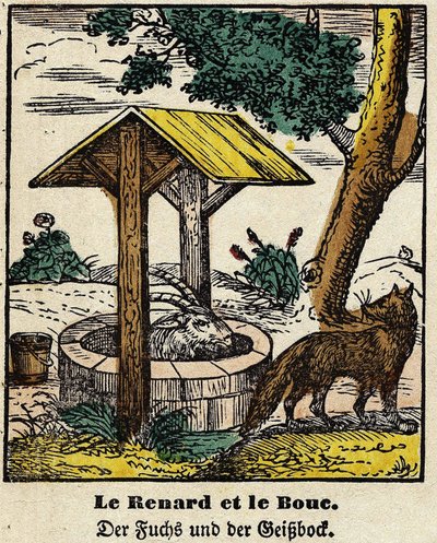 Fábulas de La Fontaine: el zorro y el buen. Imagen de Epinal, primera mitad del siglo XIX de French School