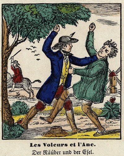 Fábulas de La Fontaine: los ladrones y el burro. Imagen de Epinal, primera mitad del siglo XIX de French School