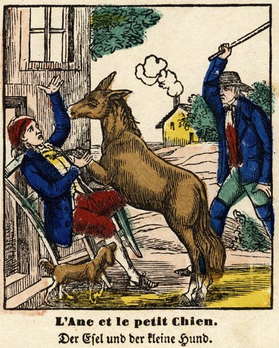 Fábulas de La Fontaine: el burro y el perrito. Imagen de Epinal, primera mitad del siglo XIX de French School