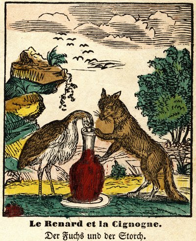 Fábulas de La Fontaine: el zorro y la cigüeña. Imagen de Épinal, primera mitad del siglo XIX de French School