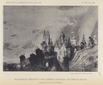Facsímil (reducido) de un dibujo original de Victor Hugo (litografía) de French School