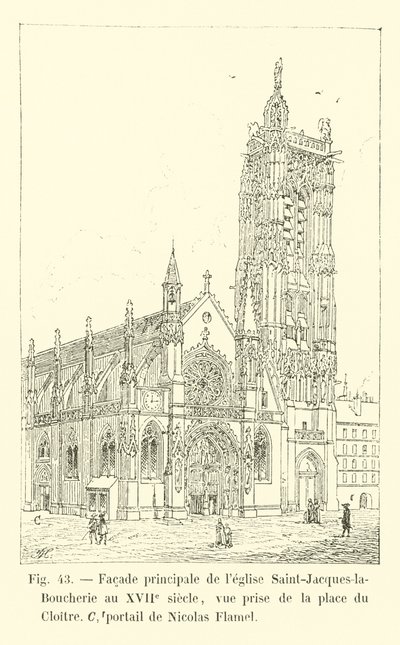 Fachada principal de la iglesia Saint-Jacques-la-Boucherie en el siglo XVII, vista tomada desde la place du Cloître, portada de Nicolas Flamel de French School