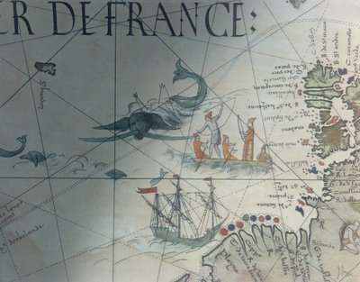 Facsímil de Caza de Ballenas e Isla de San Brandon, detalle de un mapa portulano por Pierre Desceliers, 1546, publicado en Monuments de la Geographie por Edme Francois Jomard (1777-1862) de French School