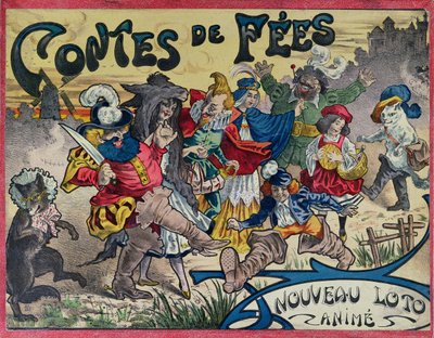 Personajes de cuentos de hadas pintados en la tapa de una caja de un juego de lotería de French School
