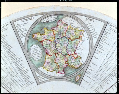 Abanico que representa el Mapa de Francia dividido en 9 regiones, 10 metrópolis y 83 departamentos, 1790 de French School