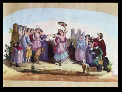 Diseño de abanico que representa una escena de La Esmeralda, una ópera de Louise-Angélique Bertin (1805-77) basada en la novela de Victor Hugo (1802-85) c.1836 de French School
