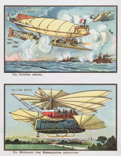 Representaciones fantásticas de una batalla aérea y de una aeronave para transportar carga en el año 2000, c.1910 de French School