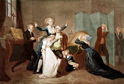 Despedida de Luis XVI por su familia en el Templo, 20 de enero de 1793 - La última entrevista de Luis XVI con su familia (María Antonieta y sus hijos María Teresa o Madame Royale (1778-1851) y Luis XVII (1785-1795), la víspera de su ejecución en T de French School
