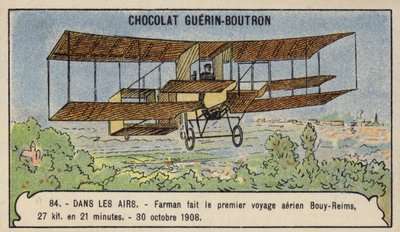 Farman realizando el primer vuelo en avión de campo a través en Europa, de Bouy a Reims, Francia, 30 de octubre de 1908 de French School
