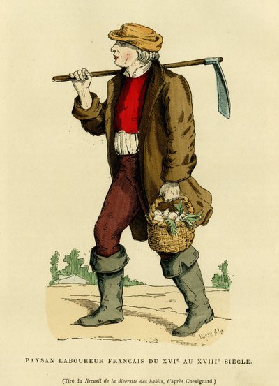 Traje de campesino del siglo XVII al XVIII. Grabado en color después de un dibujo de Chevignard, en “Francia y los franceses a través de los siglos” de Augustin Challamel, editor F. Roy, París 1882. Colección Selva de French School