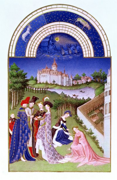 Facsímil de abril: figuras cortesanas en los terrenos del castillo por los hermanos Limbourg, de las Très Riches Heures du Duc de Berry de French School