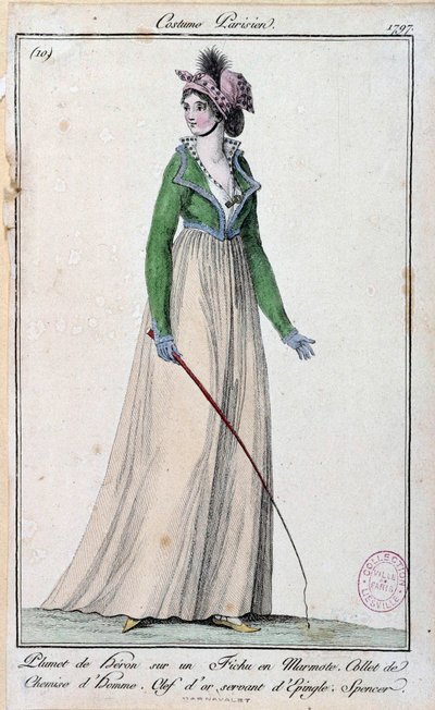 Moda femenina bajo el Directorio: una joven parisina elegante vestida con una pluma de garza en una marmota, un cuello de camisa de hombre y una llave dorada que sirve como alfiler. 1797 París, museo del traje de French School