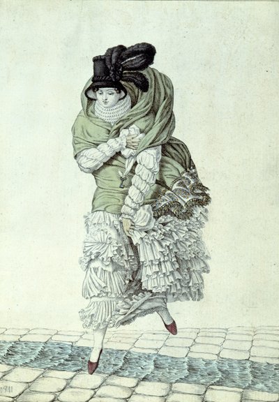 Lámina de moda que representa a una dama cruzando un arroyo de aguas residuales, 1811 de French School