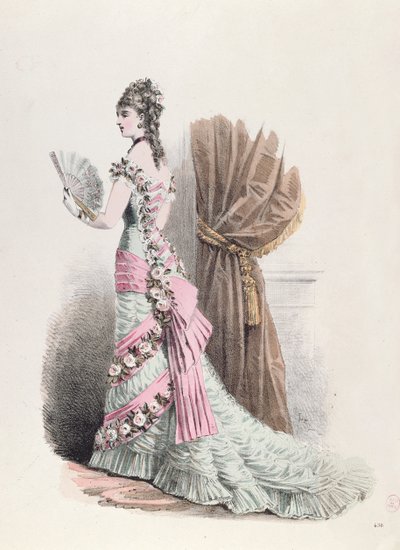 Placa de moda de una mujer en vestido de noche y con un abanico, 1877 de French School