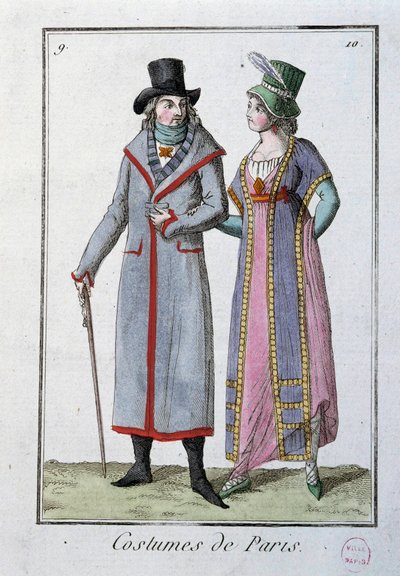 Moda bajo el Directorio: una pareja de elegantes parisinos. Litografía anónima de 1795. París, museo del traje de French School