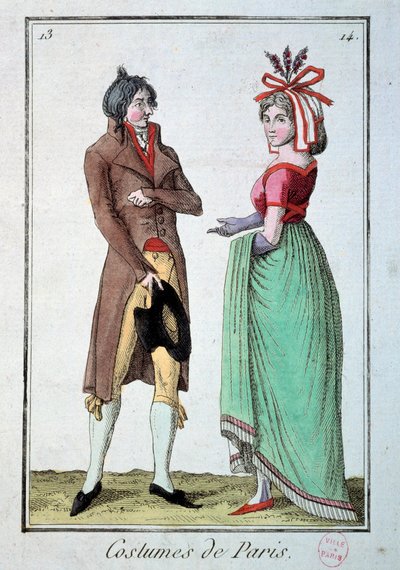 Moda bajo el directorio: una pareja de elegantes, la mujer lleva un sombrero en el jardinero. Grabado de 1795. París, museo del traje de French School