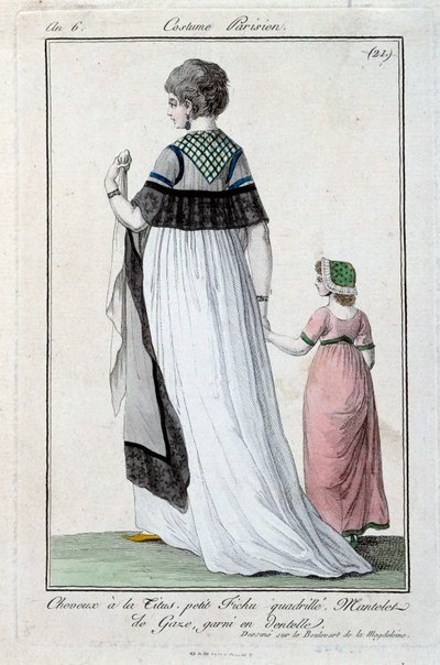 Moda bajo el Directorio: joven parisina elegante con el peinado Titus, manto de gasa con encaje. 1797. París, museo del traje de French School