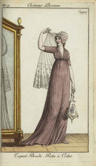 Mujer a la moda con sombrero toquet bordado de French School