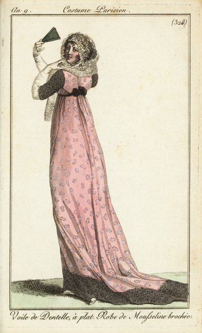 Mujer a la moda con velo de encaje, vestido de muselina de damasco de French School