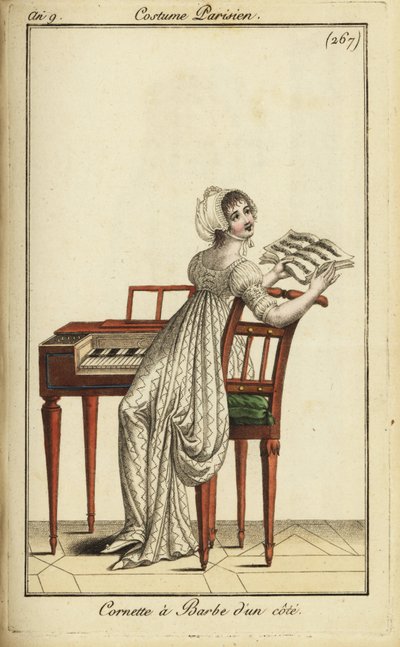 Mujer a la moda tocando un clavecín de French School