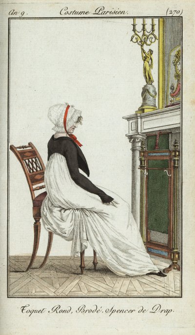 Mujer a la moda sentada frente a una chimenea de French School