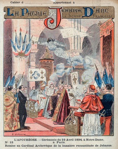 Fiesta en honor a Juana de Arco en Notre-Dame de París. Bendición del estandarte - De una funda protectora para libros escolares, finales del siglo XIX - ilustración de E. Letellier - Ceremonia del 22 de abril de 1894 en Notre-Dame de París - presentación  de French School