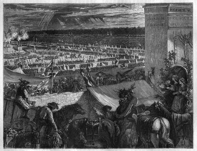 Fiesta de la Federación en el Campo de Marte en París en el primer aniversario de la toma de la Bastilla el 14 de julio de 1790. Grabado en 