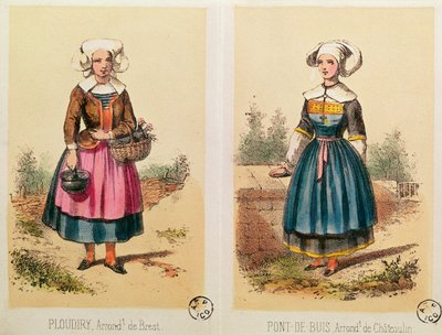 Trajes femeninos de Ploudiry y Pont de Buis, de Les Costumes Bretons de Sorrieu de French School