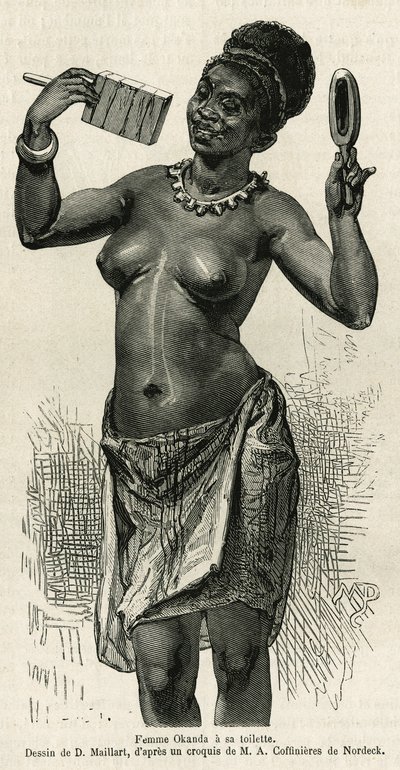 Femme Okanda haciendo su aseo, dibujo de D. Maillard, para ilustrar la historia de un viaje a Gabón y el río Ogoué, en 1875-1877, por Alfred Marche. Grabado en Le tour du monde de French School