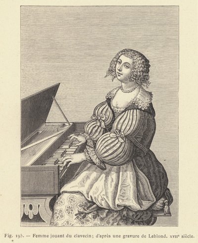 Mujer tocando el clavecín, según un grabado de Leblond, siglo XVII de French School