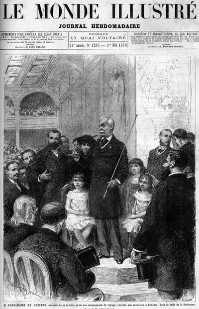 Ferdinand de Lesseps rodeado por su familia y compañeros de viaje, relatando su viaje a Panamá en la Salle de la Sorbonne. Portada de “El Mundo Ilustre” de 1880. de French School