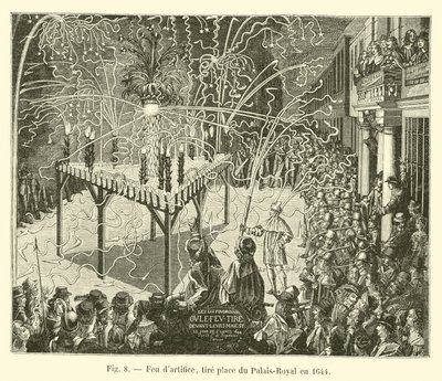 Fuegos artificiales, lanzados en la plaza del Palais-Royal en 1644 de French School